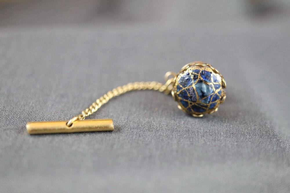 Vintage Gold Tone Tie Tack, Lapis-Style Mosaic Stone Ball, Chain & Bar Back